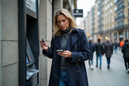 Femme d'&acirc;ge moyen &agrave; l ATM avec expression inqui&egrave;te