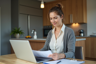Femme d affaires utilisant son ordinateur pour la banque