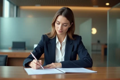 Femme en blazer navy dans une banque professionnelle