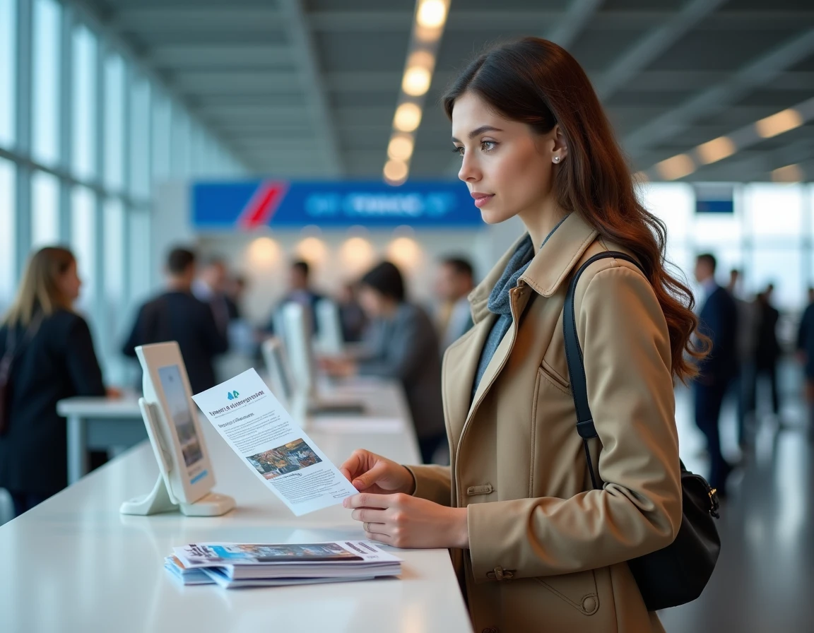 Femme consultant des brochures sur l'assurance voyage Air France au guichet compagnie aérienne