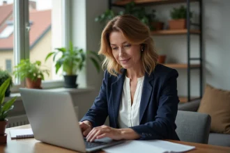 Femme d'âge moyen travaillant sur son ordinateur dans un bureau moderne