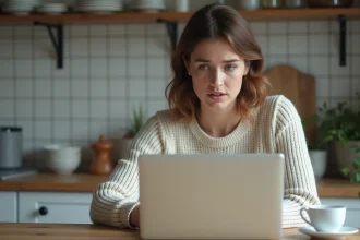 Femme assise à la cuisine en train de consulter ses documents de vente