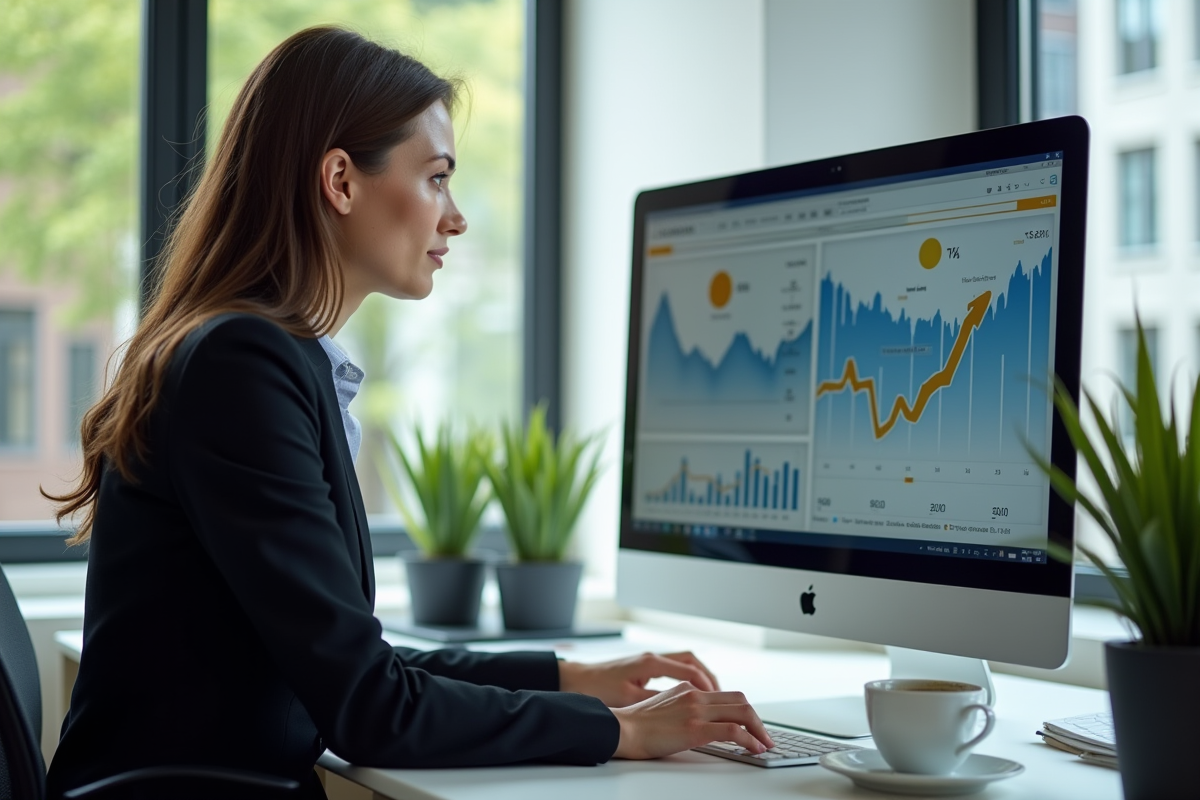Femme en tenue professionnelle travaillant à un bureau avec graphiques