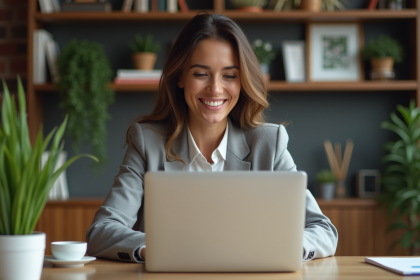 Femme souriante dans un bureau à domicile moderne