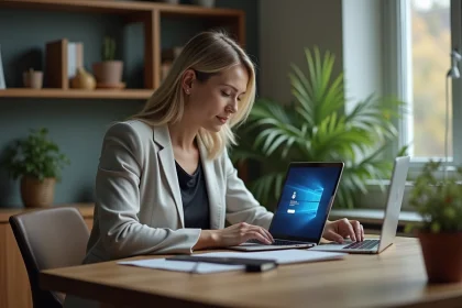Femme d'âge moyen travaillant sur son ordinateur dans un bureau moderne