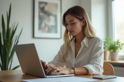 Femme en bureau moderne utilisant smartphone et ordinateur