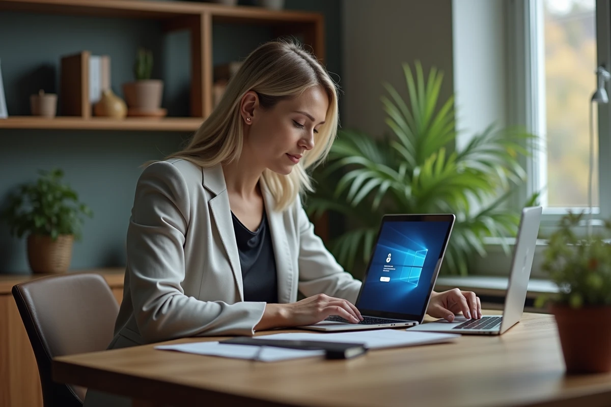 Femme d'âge moyen travaillant sur son ordinateur dans un bureau moderne
