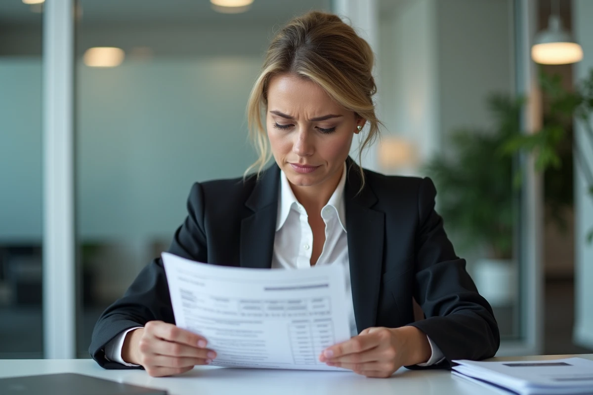 Femme d'âge moyen au bureau consulte une fiche de paie