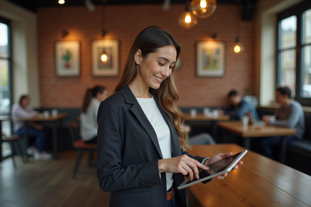 Jeune femme travaillant sur une tablette dans un cafe animé