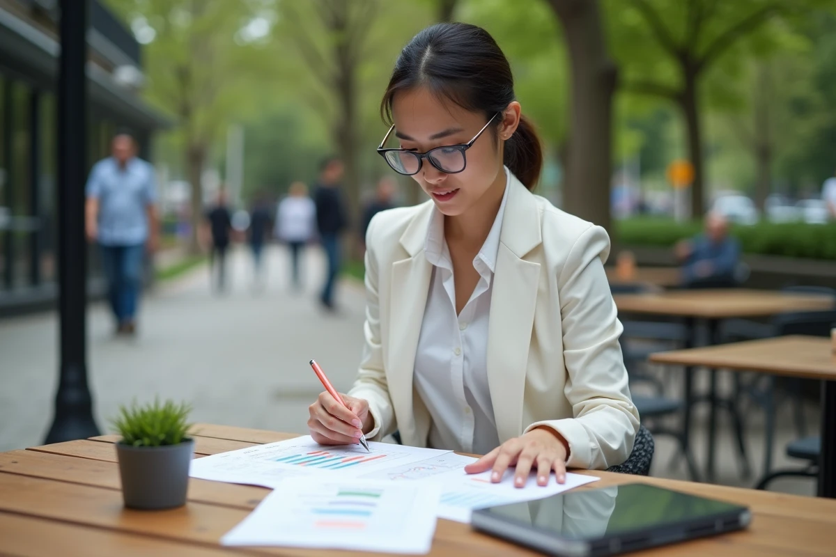 Jeune femme analysant des signaux de trading au café en extérieur