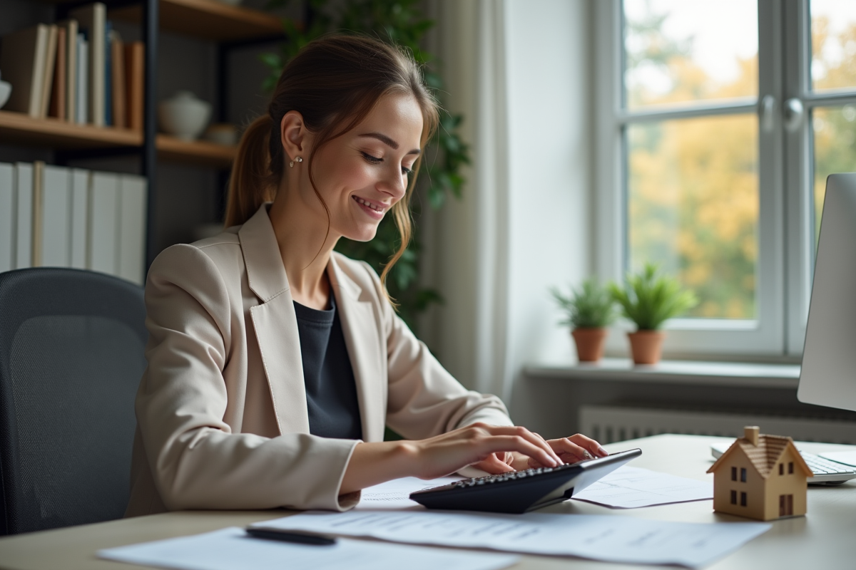 Jeune femme française utilise une calculatrice dans un bureau cosy