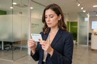 Femme professionnelle tenant une carte bancaire Crédit Agricole dans une agence moderne, comparant les gammes disponibles