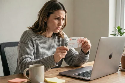 Femme tenant une carte cadeau Kadeos devant un ordinateur portable, visage légèrement frustré face à un refus de paiement en ligne