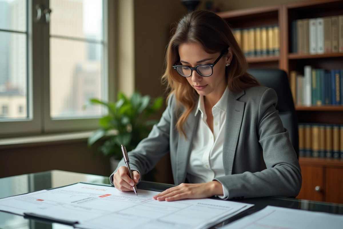 Femme comptable annotant un formulaire d'acompte IS avec un calendrier de dates limites fiscales