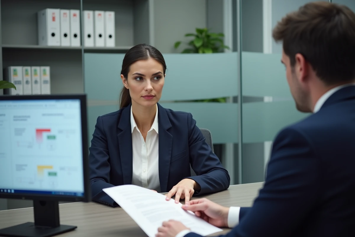 Femme en rendez-vous avec un conseiller en assurance discutant d'un contrat pour résiliés, dans une agence moderne