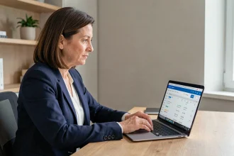 Femme professionnelle consultant son espace client bancaire Progéliance sur un ordinateur portable pour suivre ses virements et prélèvements