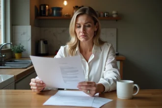 Femme d'âge moyen examinant un contrat à la maison
