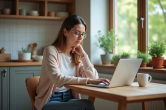 Femme assise à une table de cuisine avec son ordinateur portable