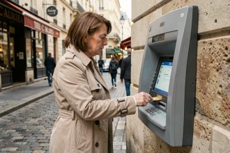 Femme utilisant un distributeur automatique de billets en plein air dans une rue française pavée