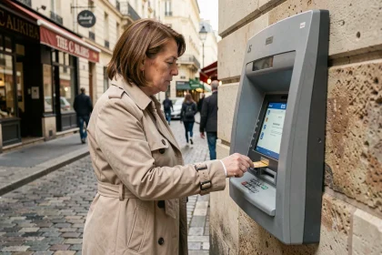 Femme utilisant un distributeur automatique de billets en plein air dans une rue française pavée