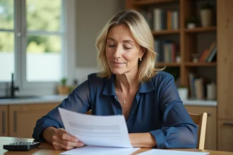 Femme consultant des documents financiers sur livret A et assurance vie à domicile