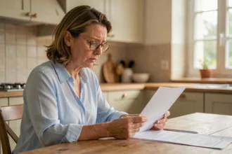 Femme consultant des documents de mutuelle santé à la maison, cherchant une couverture rapide