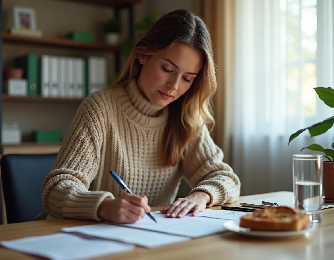 Femme à domicile remplissant une déclaration d'impôt pour frais de repas liés à un emploi à temps partiel
