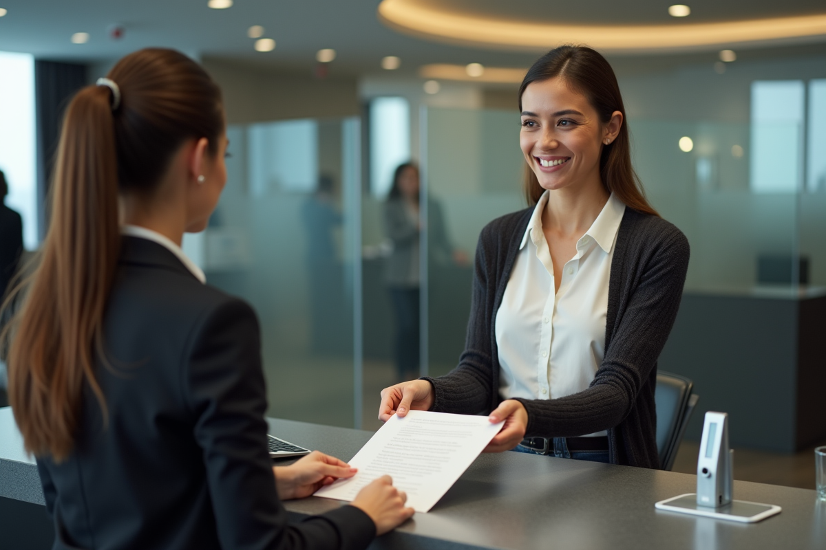 Femme remet un document signé à un conseiller bancaire dans une agence