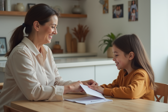 Femme d'âge moyen donnant une enveloppe à sa fille dans la cuisine