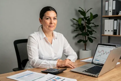 Femme entrepreneur analysant des calculs de rentabilité sur un bureau avec calculatrice et tableur