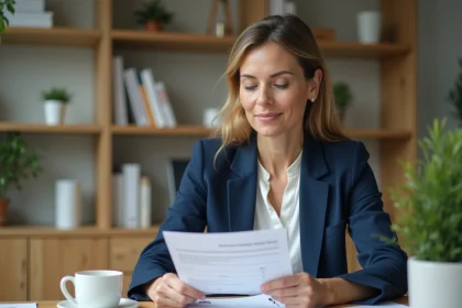 Femme consultant des documents bancaires à son bureau à domicile pour gérer son épargne sans risque avec le Livret A Sup CIC