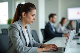 Femme en blazer gris face à un message d'erreur sur son écran d'ordinateur portable dans un bureau moderne