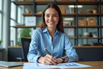 Femme d'affaires analysant des graphiques financiers dans un bureau moderne