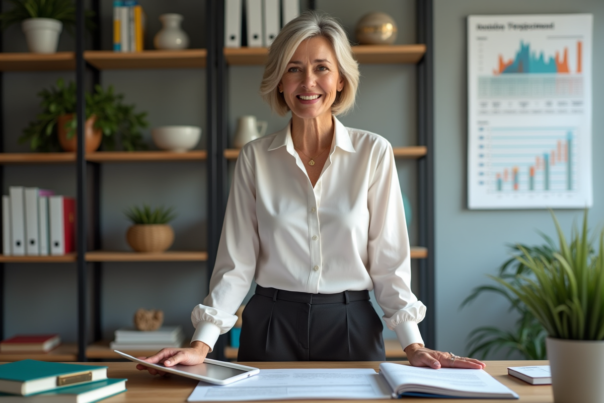 Femme confiante avec dossiers et tablette dans un bureau organisé