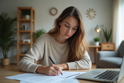 Femme remplissant un formulaire de congé médical à la maison