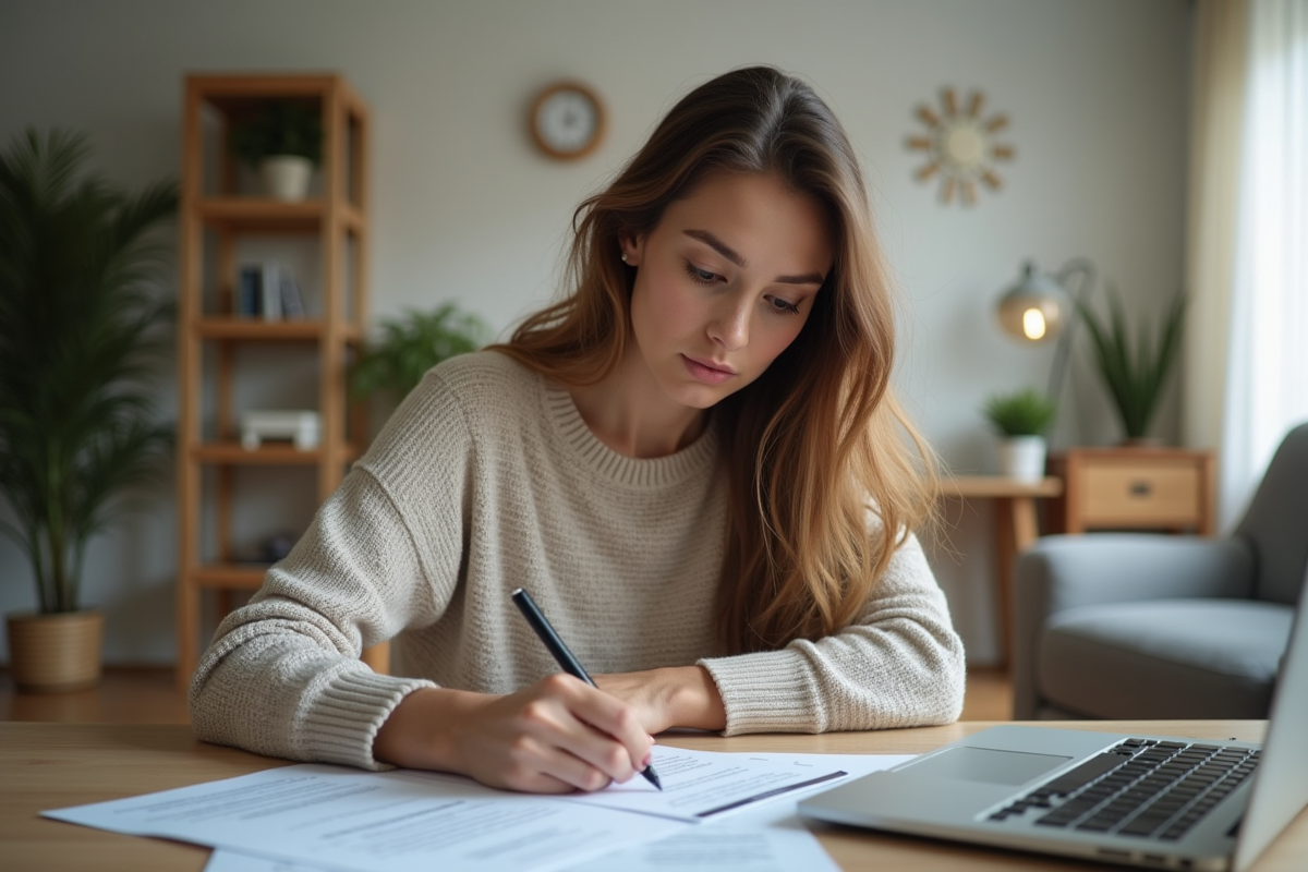 Femme remplissant un formulaire de congé médical à la maison
