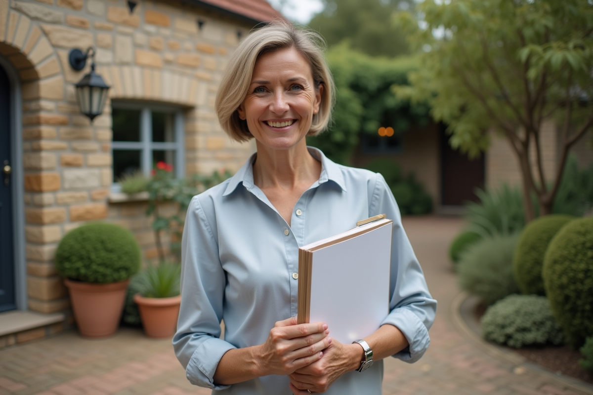 Femme avec dossier de prêt immobilier devant une maison en pierre