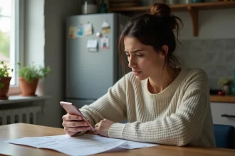 Femme inquiète vérifiant son relevé bancaire à la maison