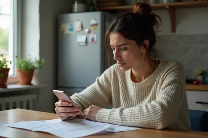 Femme inquiète vérifiant son relevé bancaire à la maison