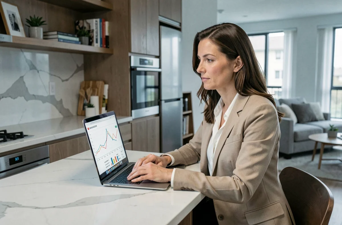 Femme investissant dans des SCPI depuis son domicile avec un ordinateur portable affichant des graphiques de portefeuille immobilier