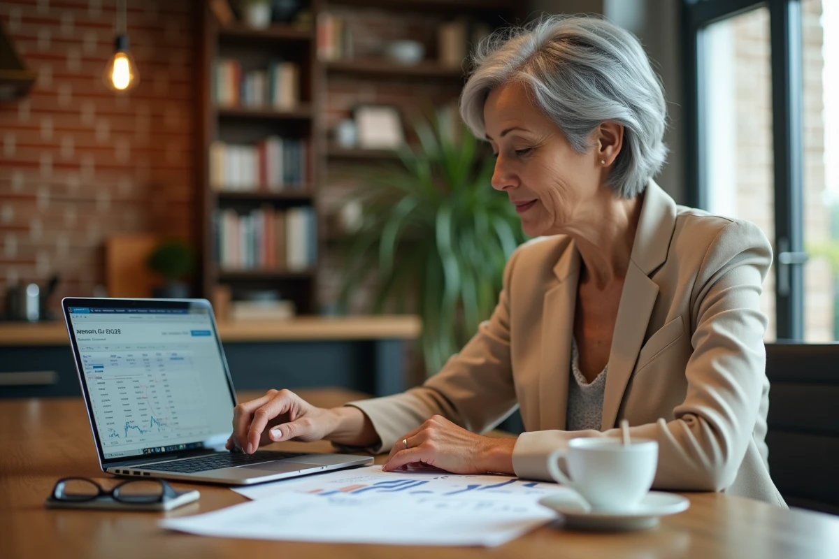Femme mature planifiant sa stratégie de revenus par dividendes boursiers depuis son domicile avec un ordinateur portable et des documents financiers