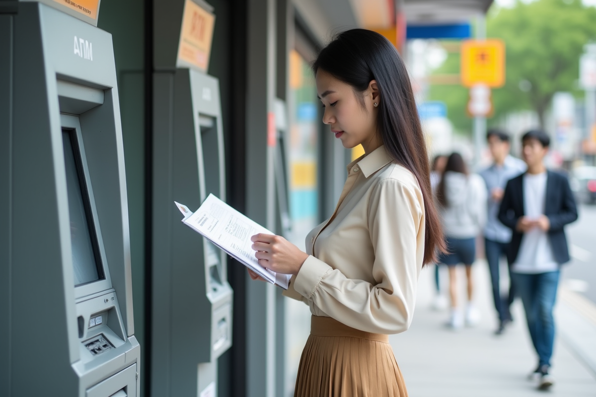 Jeune femme japonaise utilisant un distributeur automatique