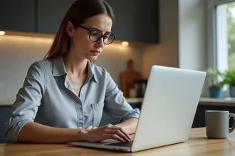 Femme regardant son ordinateur portable avec souci pour ses comptes bancaires