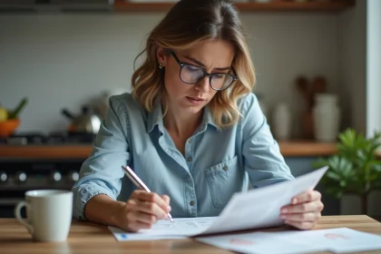 Femme lisant un relevé bancaire dans sa cuisine