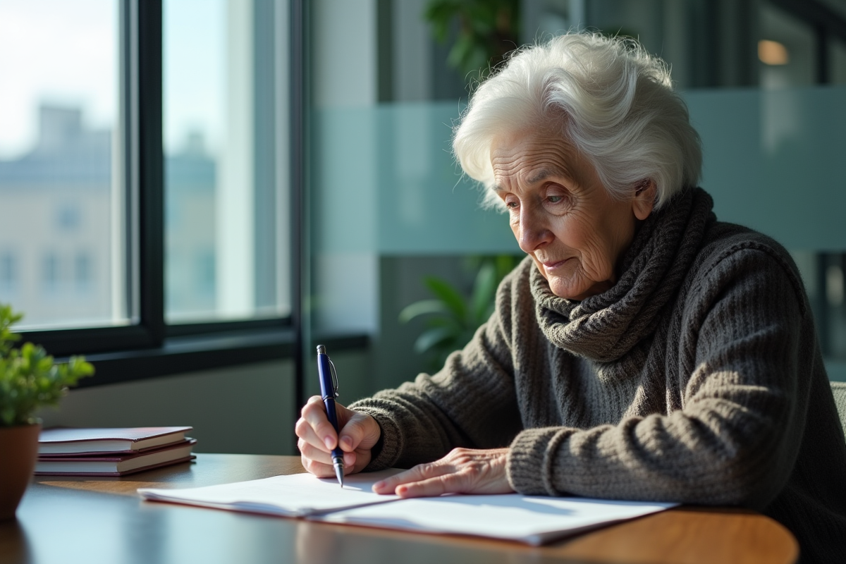 Femme âgée concentrée sur un document légal dans un bureau