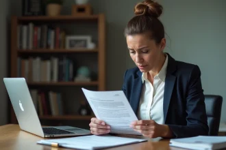 Femme consultant une lettre de résiliation d'assurance Matmut à son bureau à domicile