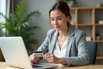 Femme consultant son ordinateur portable en tenant sa carte bancaire Crédit Agricole pour gérer une opposition