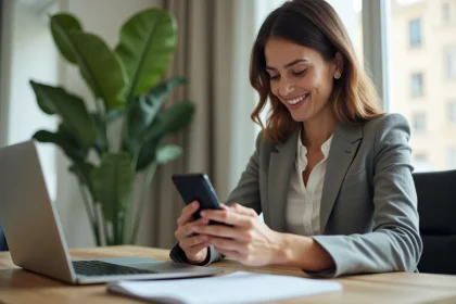 Femme professionnelle utilisant son smartphone pour l'assurance