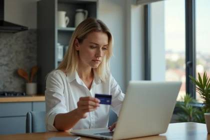 Femme d'affaires utilisant un ordinateur avec une carte bancaire