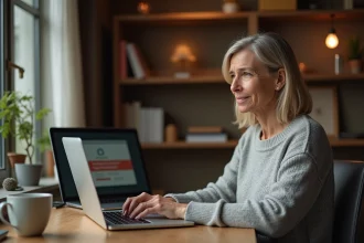 Femme tapant sur un ordinateur portable avec un message d'erreur de mot de passe sur l'écran, illustrant la récupération de compte en ligne Brie Picardie